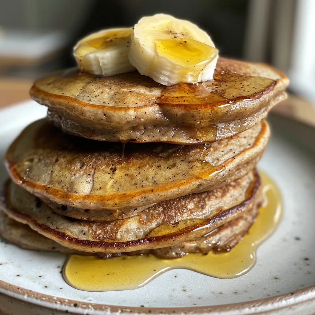A plate of vegan banana oat pancakes served with fresh banana slices and syrup.