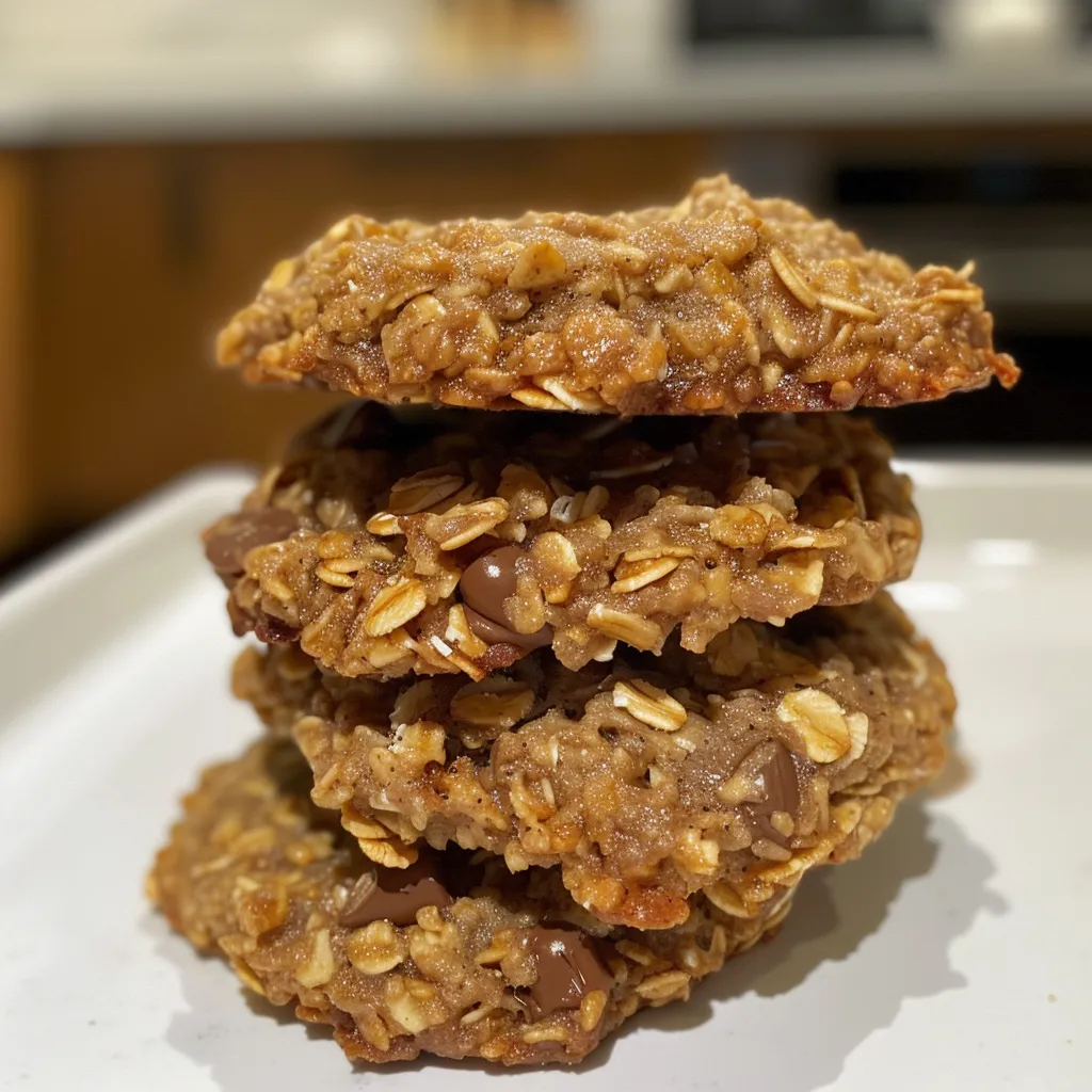 Side view of soft, warm vegan gluten-free oatmeal cookies, arranged on a rustic surface to showcase their ingredients.