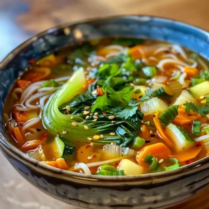 Side view of a steaming bowl of vegan vegetable noodle soup with rice vermicelli and assorted vegetables.