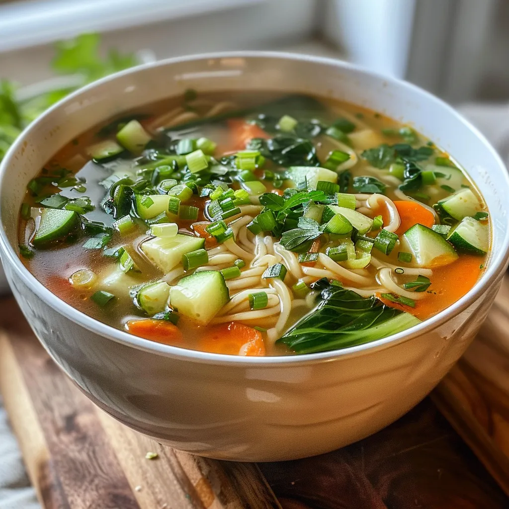 A hearty vegan noodle soup brimming with sliced carrots, zucchini, and bok choy, garnished with parsley.