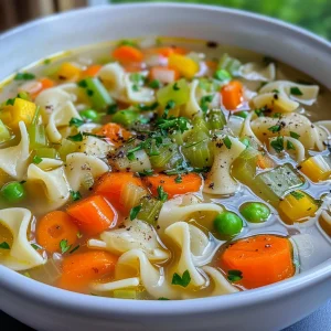 Delicious vegetable noodle soup featuring carrots, peas, and pasta in a clear broth.