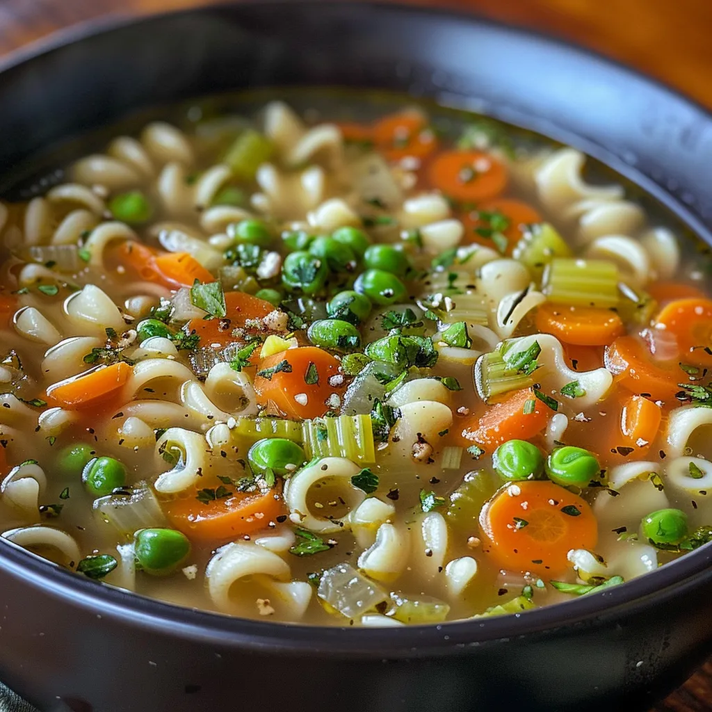 Garnished vegetable noodle soup with vibrant vegetables and herbs in a rustic bowl.