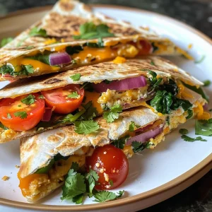 Side view of a freshly made breakfast quesadilla showcasing vibrant vegetables.