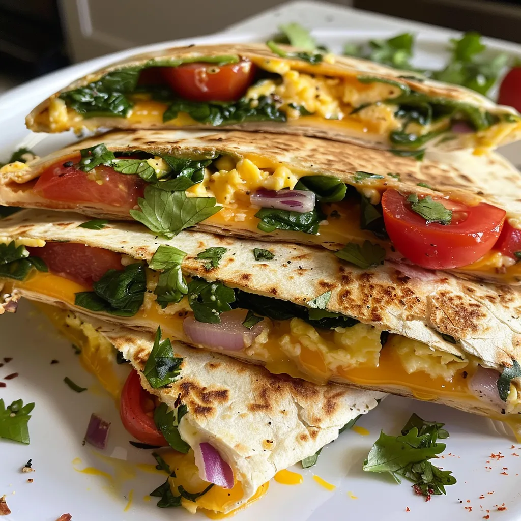 Delicious breakfast quesadilla with a golden crispy exterior and visible veggie filling.