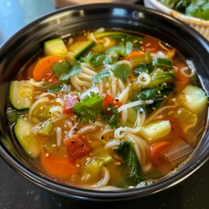 A hearty veggie noodle soup with rice vermicelli and fresh ingredients in a bowl.