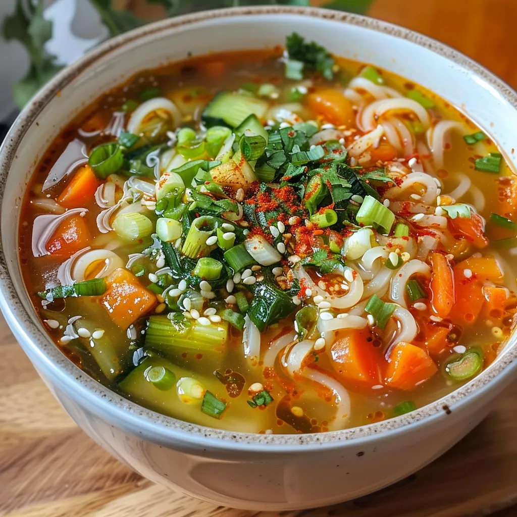 A close-up of a savory vegetable noodle soup showcasing carrots, zucchini, and bok choy.