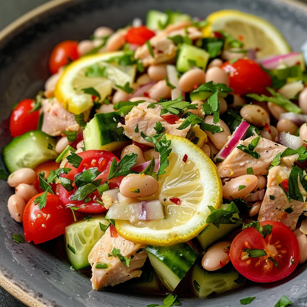Close-up of a white bean salad with tuna, garnished with lemon wedges and cherry tomatoes.