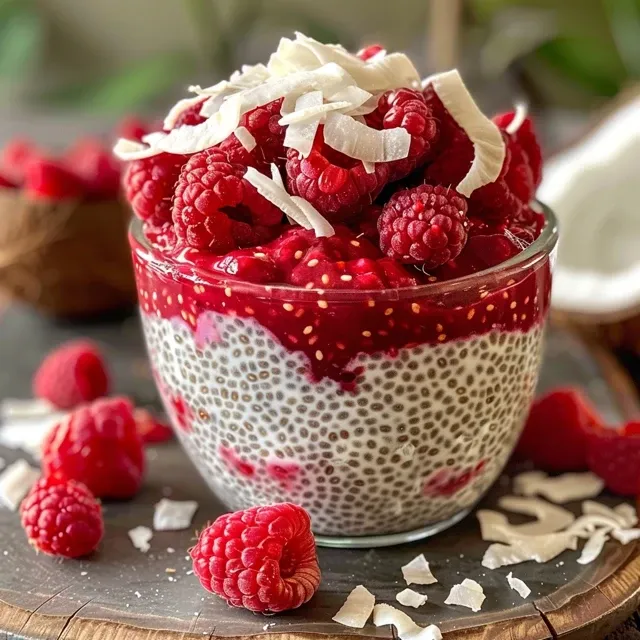 Close-up of a creamy coconut raspberry chia pudding with coconut flakes on top.