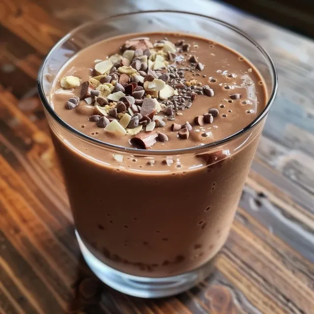 Close-up view of a creamy chocolate almond smoothie in a glass with fresh ingredients around it.
