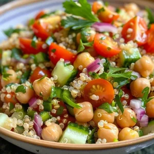 Close-up view of a colorful chickpea quinoa salad with diced tomatoes and cucumber.