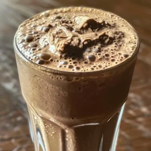 A chocolate peanut butter protein shake in a glass with a straw.