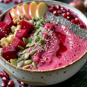 Close-up view of a vibrant KORU® Apple Berry Smoothie Bowl topped with fresh fruits and seeds.