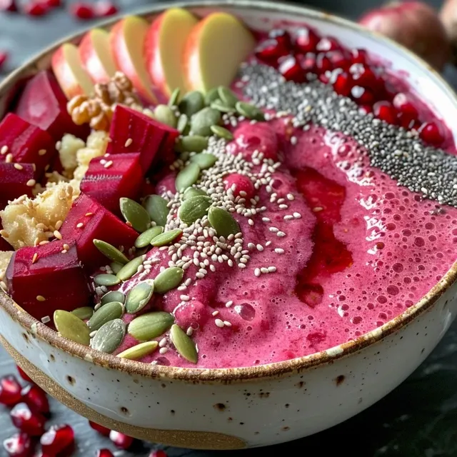 Close-up view of a vibrant KORU® Apple Berry Smoothie Bowl topped with fresh fruits and seeds.