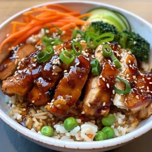 Close-up view of a Teriyaki Chicken Bowl featuring juicy chicken, colorful vegetables, and sesame seeds.