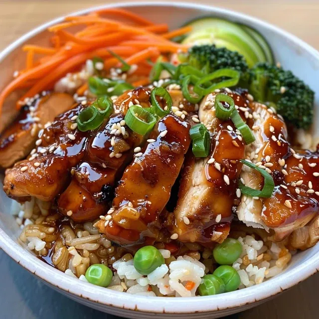 Close-up view of a Teriyaki Chicken Bowl featuring juicy chicken, colorful vegetables, and sesame seeds.