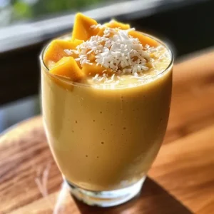 Close-up view of a vibrant mango coconut protein shake in a glass.