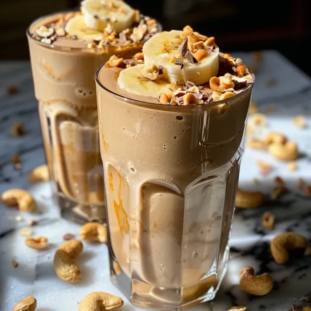 Close-up of a creamy vegan peanut butter banana smoothie in a glass.