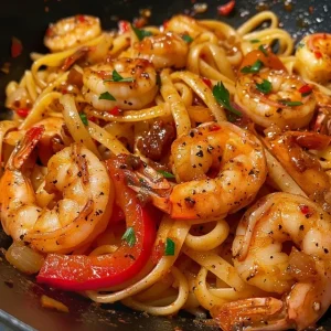 Close-up of a bowl of Cajun shrimp pasta with colorful ingredients.