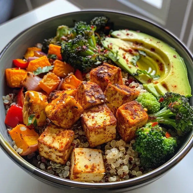 Close-up view of a Spiced Tofu and Roasted Veggie Quinoa Bowl with colorful vegetables.