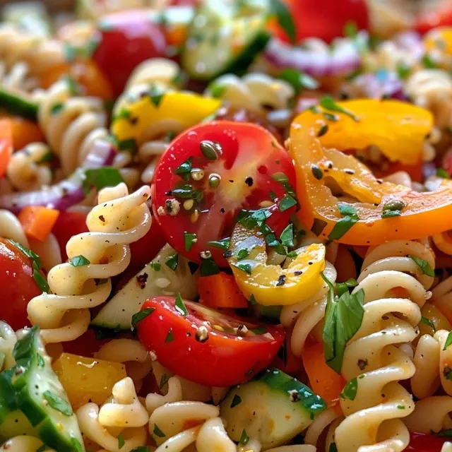 Close-up of a colorful Garden Pasta Salad featuring rotini pasta, cherry tomatoes, cucumbers, and vibrant peppers.