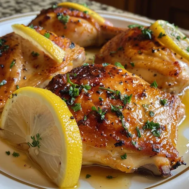 Close-up of juicy Pollo al Limone chicken breast, garnished with lemon slices.