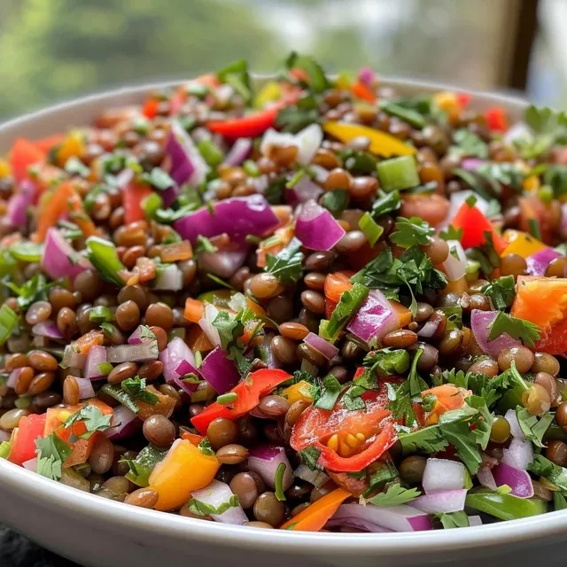 A vibrant cold lentil salad with colorful vegetables, including bell peppers and cherry tomatoes, in a bowl.