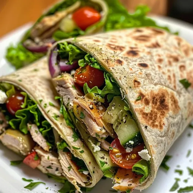 Close-up of a Mediterranean Turkey Wrap filled with fresh ingredients.