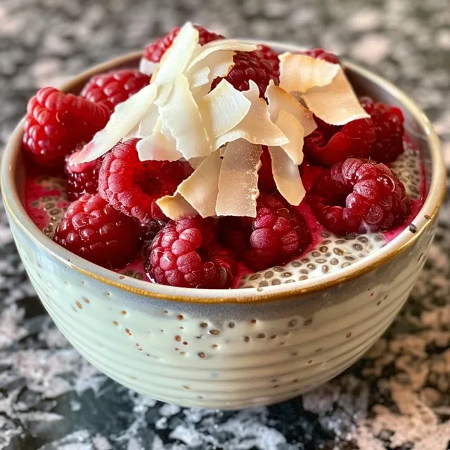 Side view of coconut raspberry chia pudding in a glass bowl, garnished with fresh raspberries.