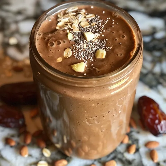 Side angle of a rich chocolate almond smoothie, highlighting its thick texture and vibrant color.