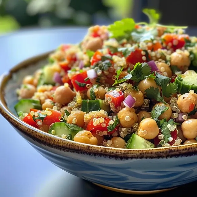 Side angle of a vibrant quinoa salad topped with chickpeas and fresh ingredients.