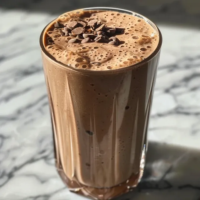 Side view of a creamy chocolate protein shake topped with peanut butter.