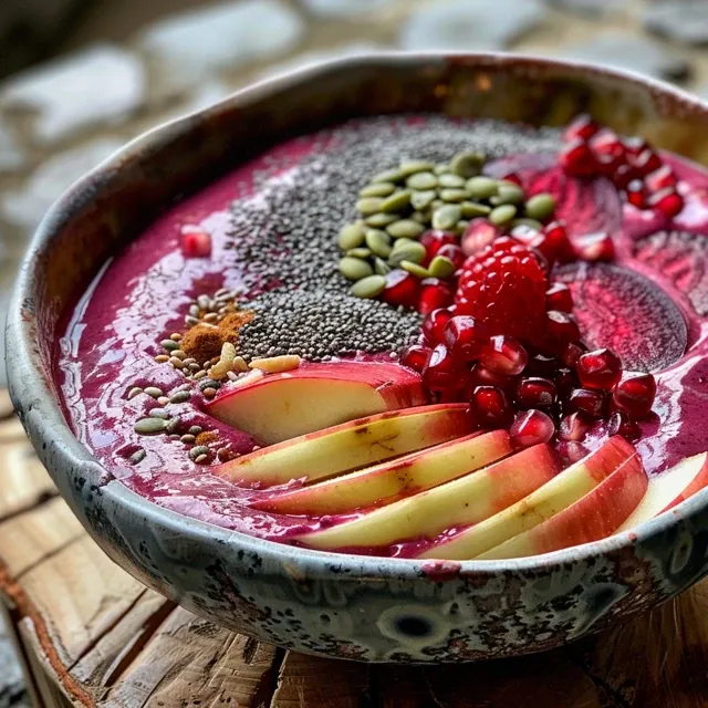 Side view of a delicious KORU® Apple Berry Smoothie Bowl filled with mixed berries and vibrant toppings.