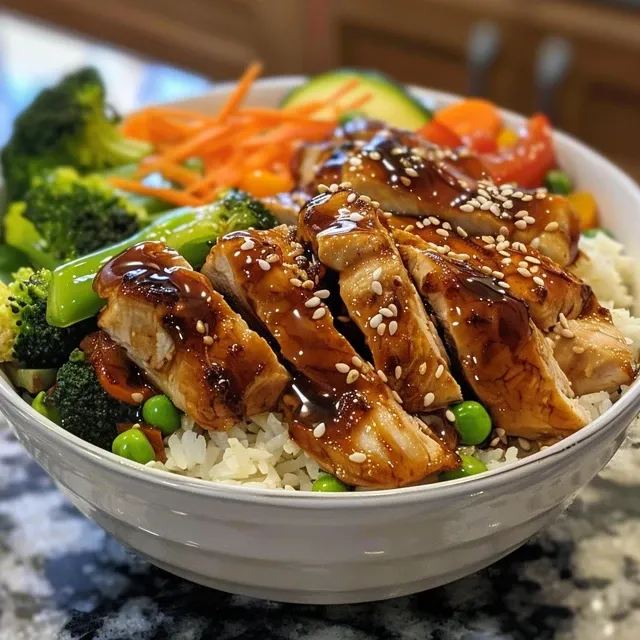 Side view of a delicious Teriyaki Chicken Bowl with rice, broccoli, and glazed chicken.