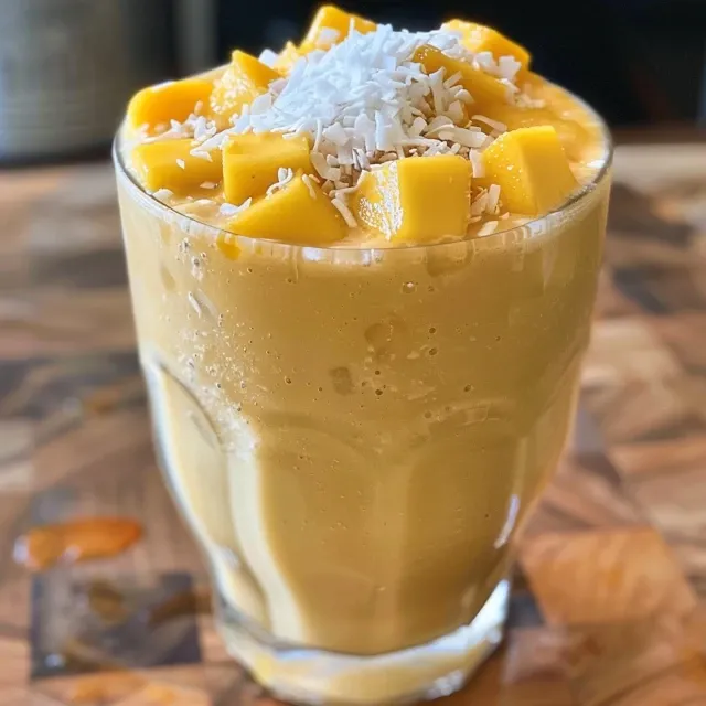 A refreshing mango coconut protein shake garnished with shredded coconut.