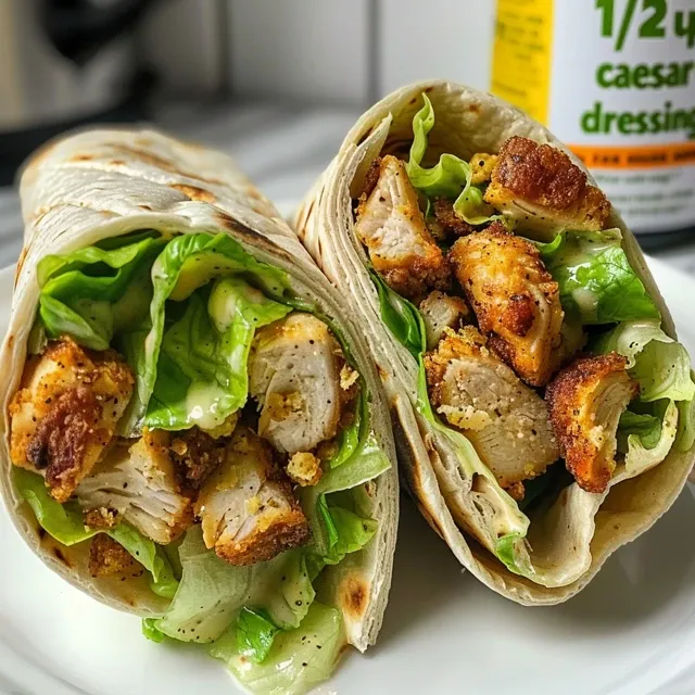 Side view of a juicy Chicken Caesar Wrap, revealing layers of chicken, lettuce, and dressing.