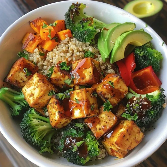 Delicious Spiced Tofu and assorted roasted vegetables over a bed of quinoa in a bowl.