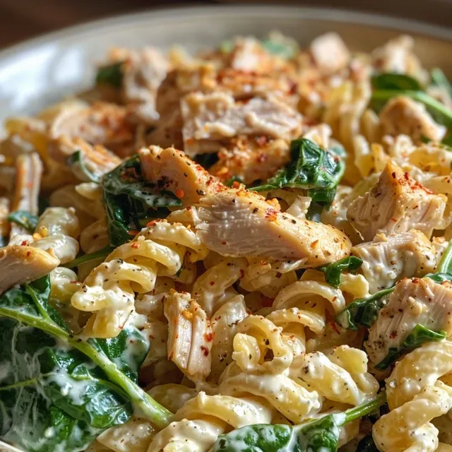 Close-up view of creamy garlic chicken garnished with fresh spinach.