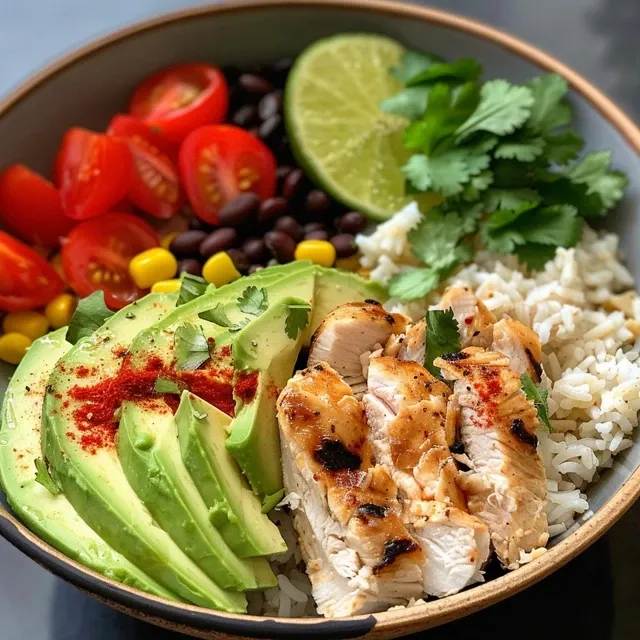A delicious rice bowl featuring sliced chicken, avocado, and colorful toppings.