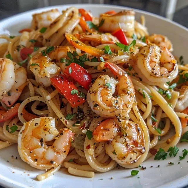 Juicy shrimp mixed with pasta and topped with spices in a side view.