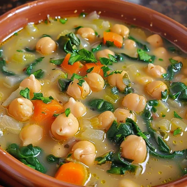 Detailed shot of a richly colored chickpea and spinach soup, showing ingredients and toppings.
