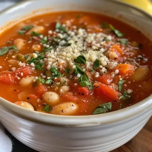 A hearty serving of White Bean Tomato Soup garnished with fresh parsley and a sprinkle of lemon juice.
