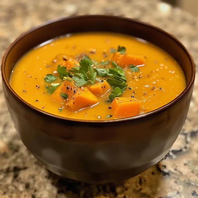 Side view of a luscious sweet potato soup, highlighting its silky texture and rich orange color.