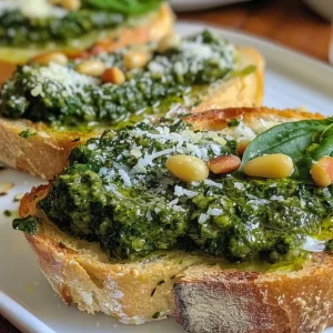Juicy sourdough bread slice topped with fresh spinach pesto, a sunny-side-up egg, and scattered chili flakes.