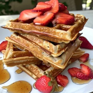 Delicious stack of gluten-free waffles, highlighted with fresh strawberries and syrup.