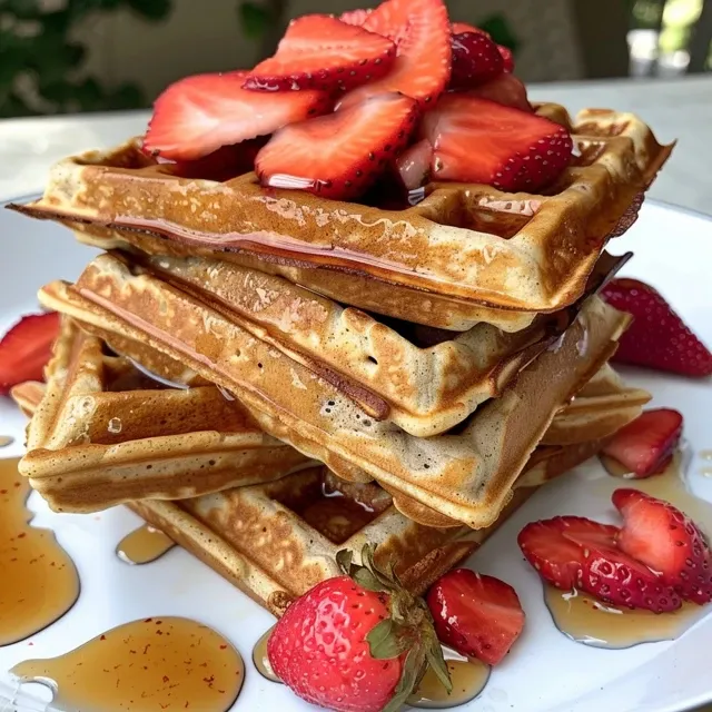 Delicious stack of gluten-free waffles, highlighted with fresh strawberries and syrup.