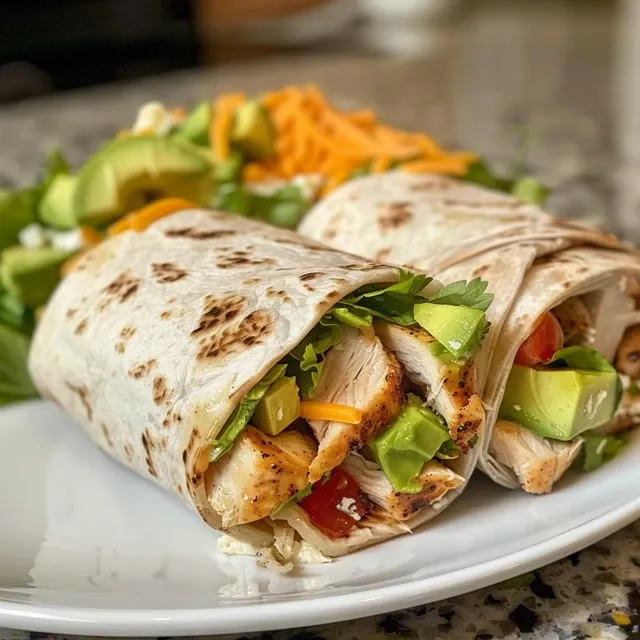 Delicious Chicken Avocado Burrito with visible layers of chicken, avocado, and cheese.