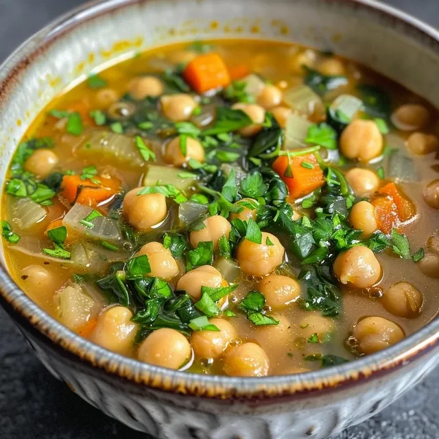 Close-up of a nutritious chickpea and spinach soup, featuring fresh herbs and a hint of olive oil.