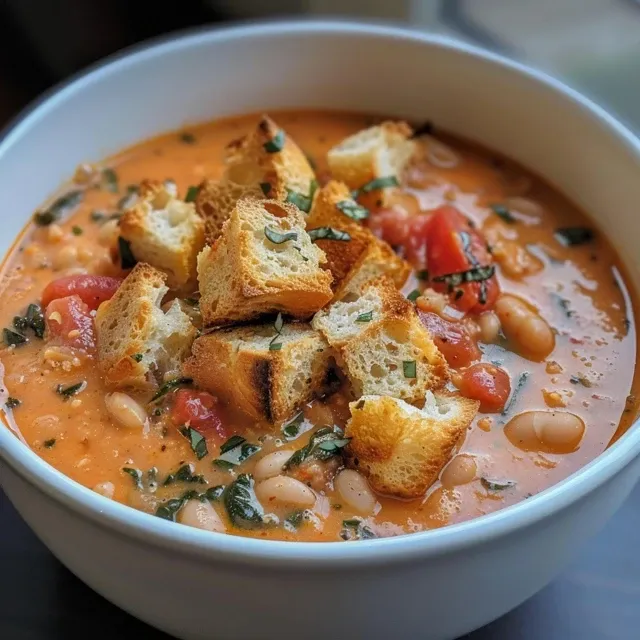 Close-up shot of hearty creamy white bean tomato soup with visible chunks of vegetables and croutons.