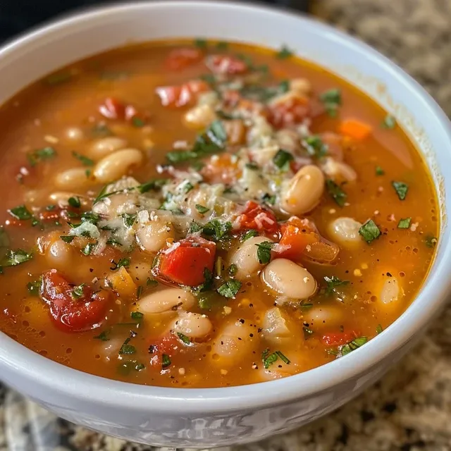A vibrant bowl of White Bean Tomato Soup featuring white beans and diced tomatoes, ready to enjoy.