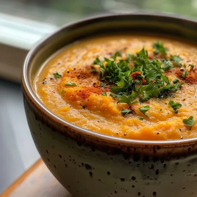 Delicious looking sweet potato soup with diced vegetables visible and a smooth coconut milk finish.